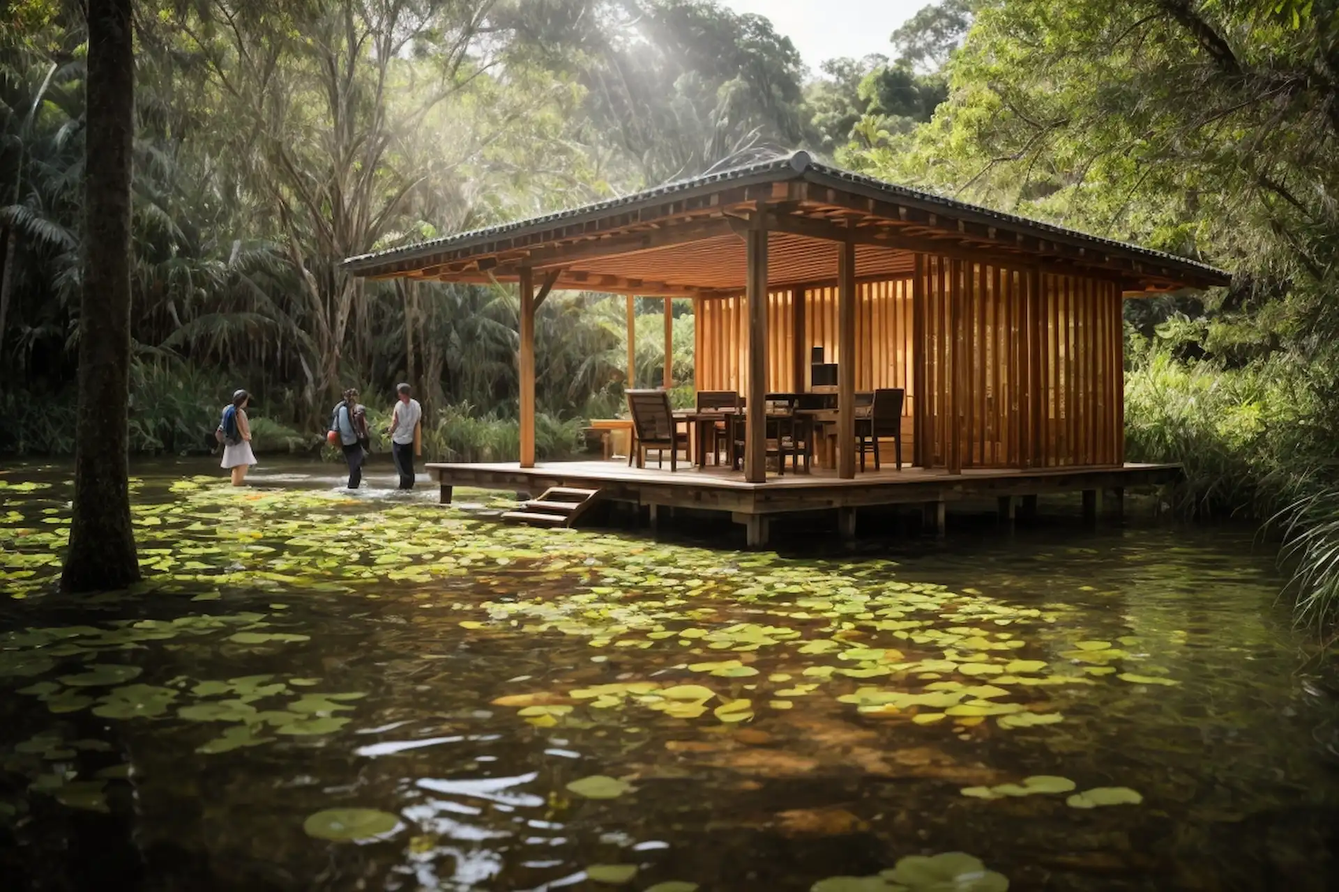 PhotoReal_Wooden_pavilion_project_in_a_water_stream_with_a_wat_0